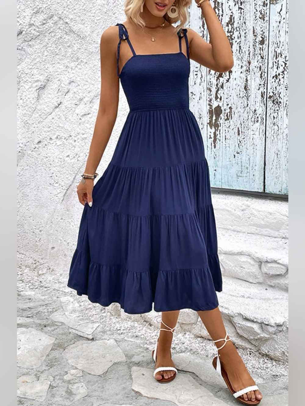 Perfee Tie-Shoulder Tiered Midi Dress